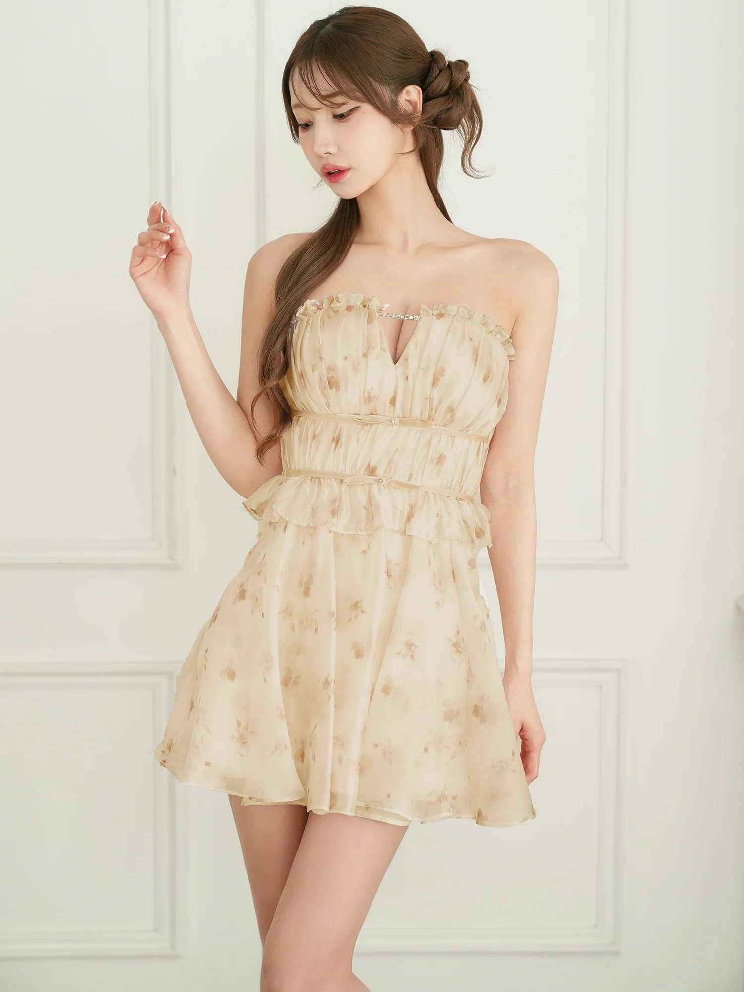 2way ベアトップ キャミソール オーガンジー 水彩フラワー ギャザーペプラム バストチェーン フレアミニドレスのイメージ画像4