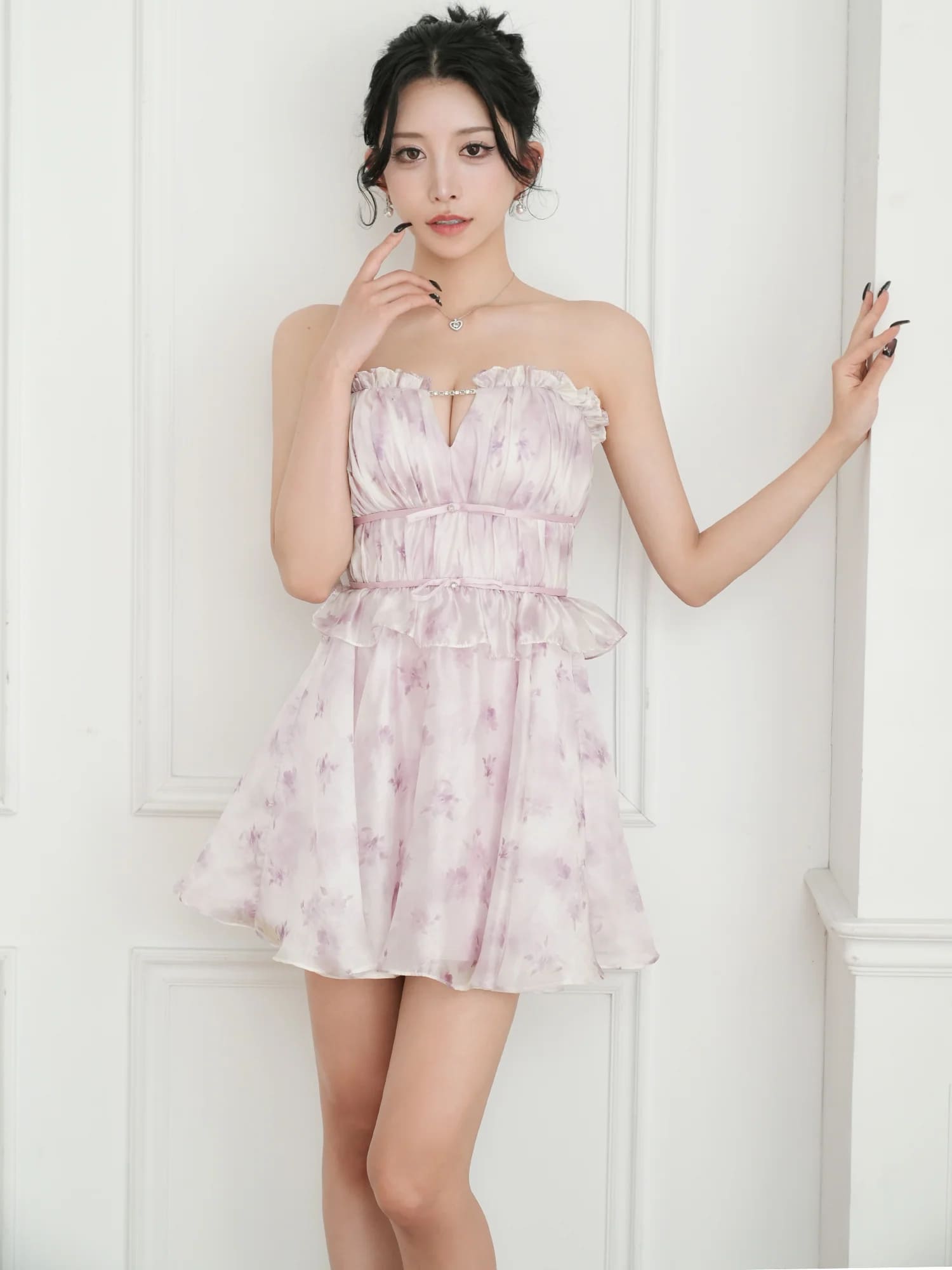 2way ベアトップ キャミソール オーガンジー 水彩フラワー ギャザーペプラム バストチェーン フレアミニドレスのイメージ画像8