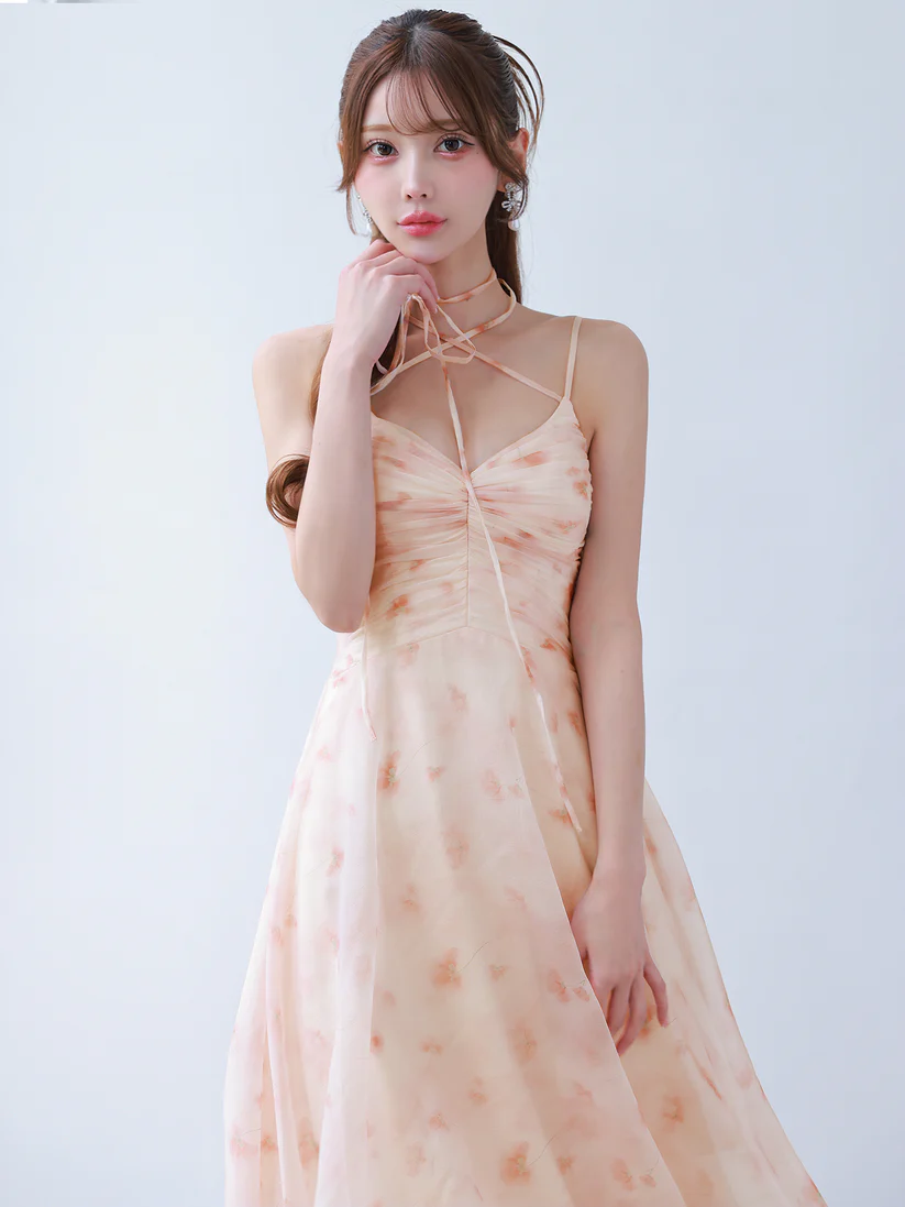キャミソール ネックリボン フラワーデザイン ギャザー 膝丈ドレスのイメージ画像6