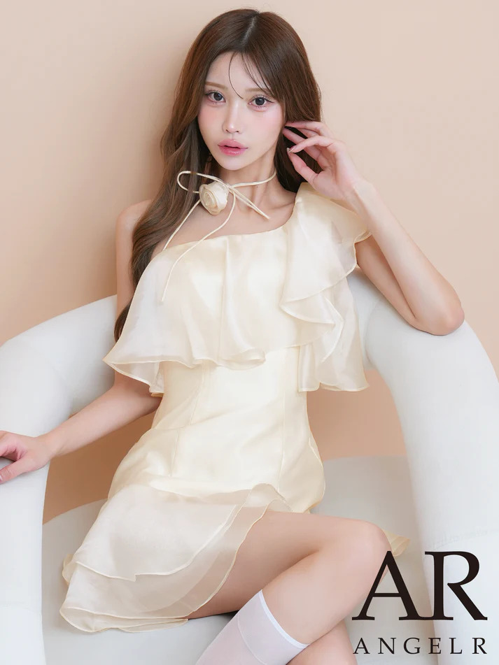 2way ワンショルダー フリル フラワー ネックリボン フレアミニドレスのメイン画像