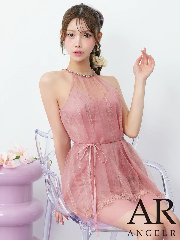 ホルターネック ビジュー フラワーレース ウエストリボン フレアミニドレスのメイン画像