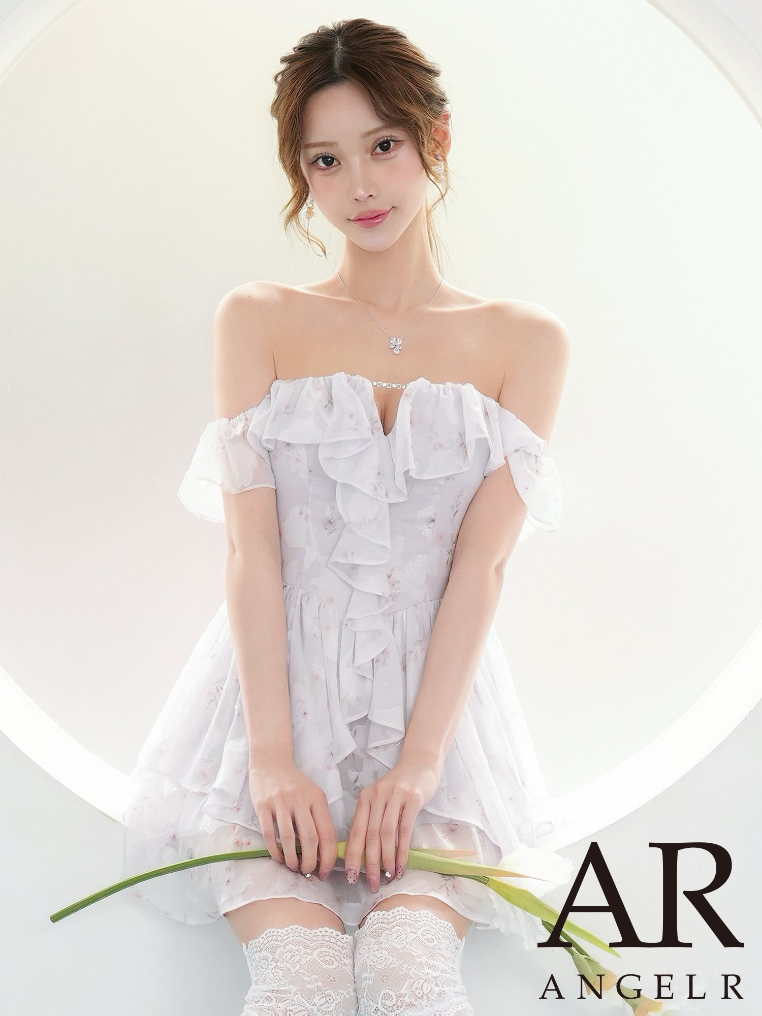 2way オフショルダー 肩あき バストカット ラメ フリル 花柄 フレアミニドレスのメイン画像