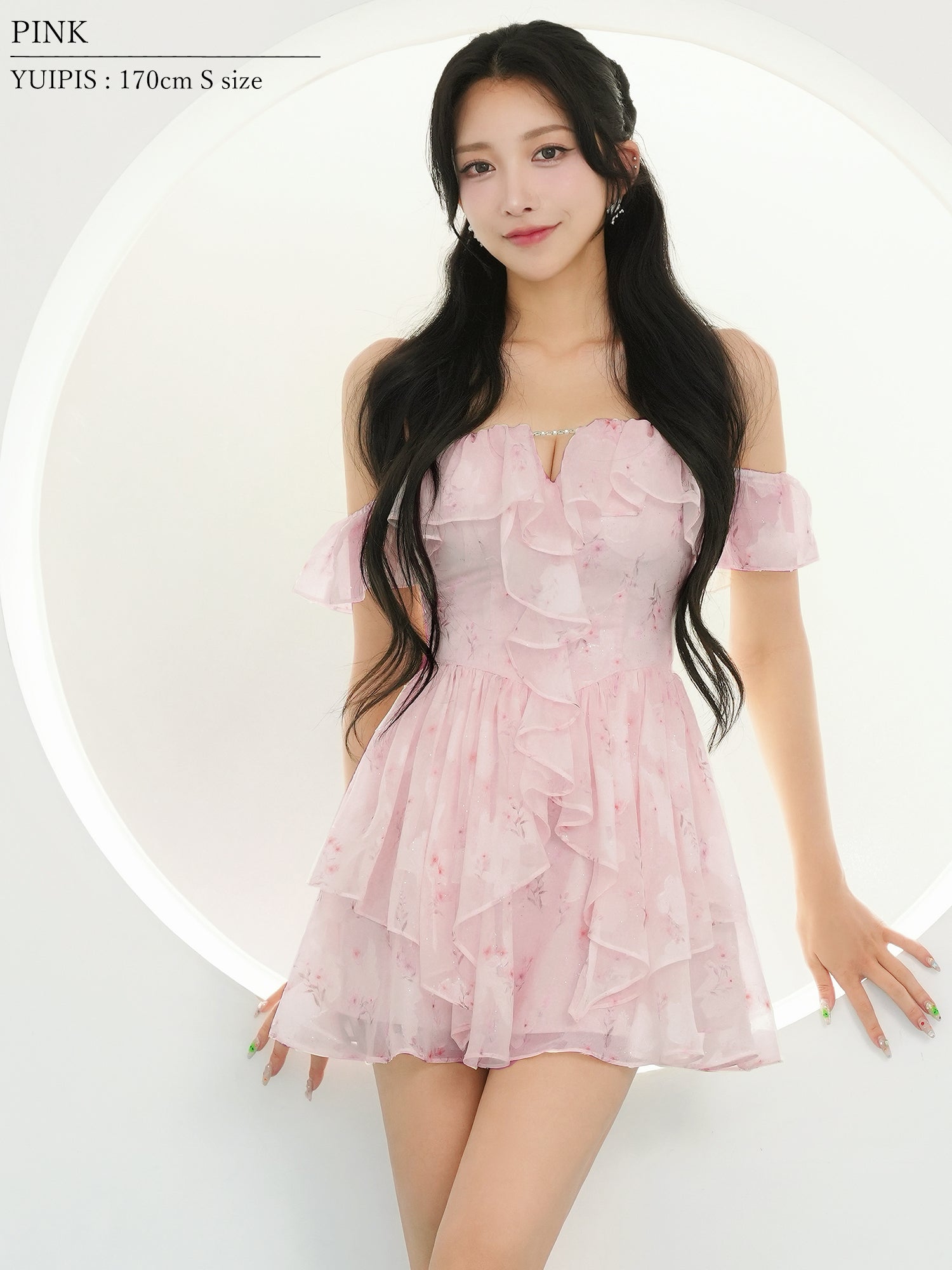 2way オフショルダー 肩あき バストカット ラメ フリル 花柄 フレアミニドレスのイメージ画像6