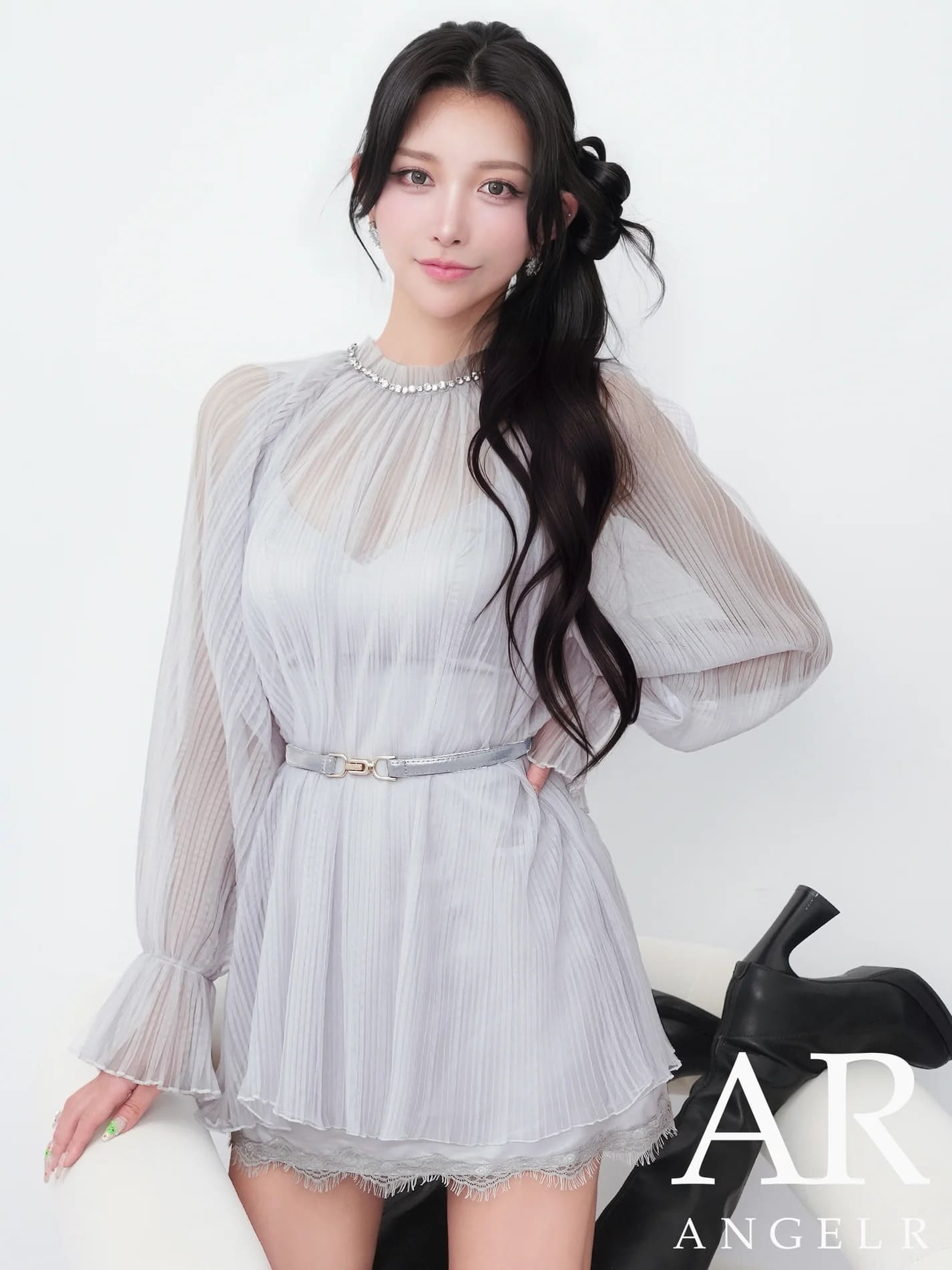 長袖 ネックビジュー プリーツチュール ベルト シフォン レース フレアミニドレスのメイン画像