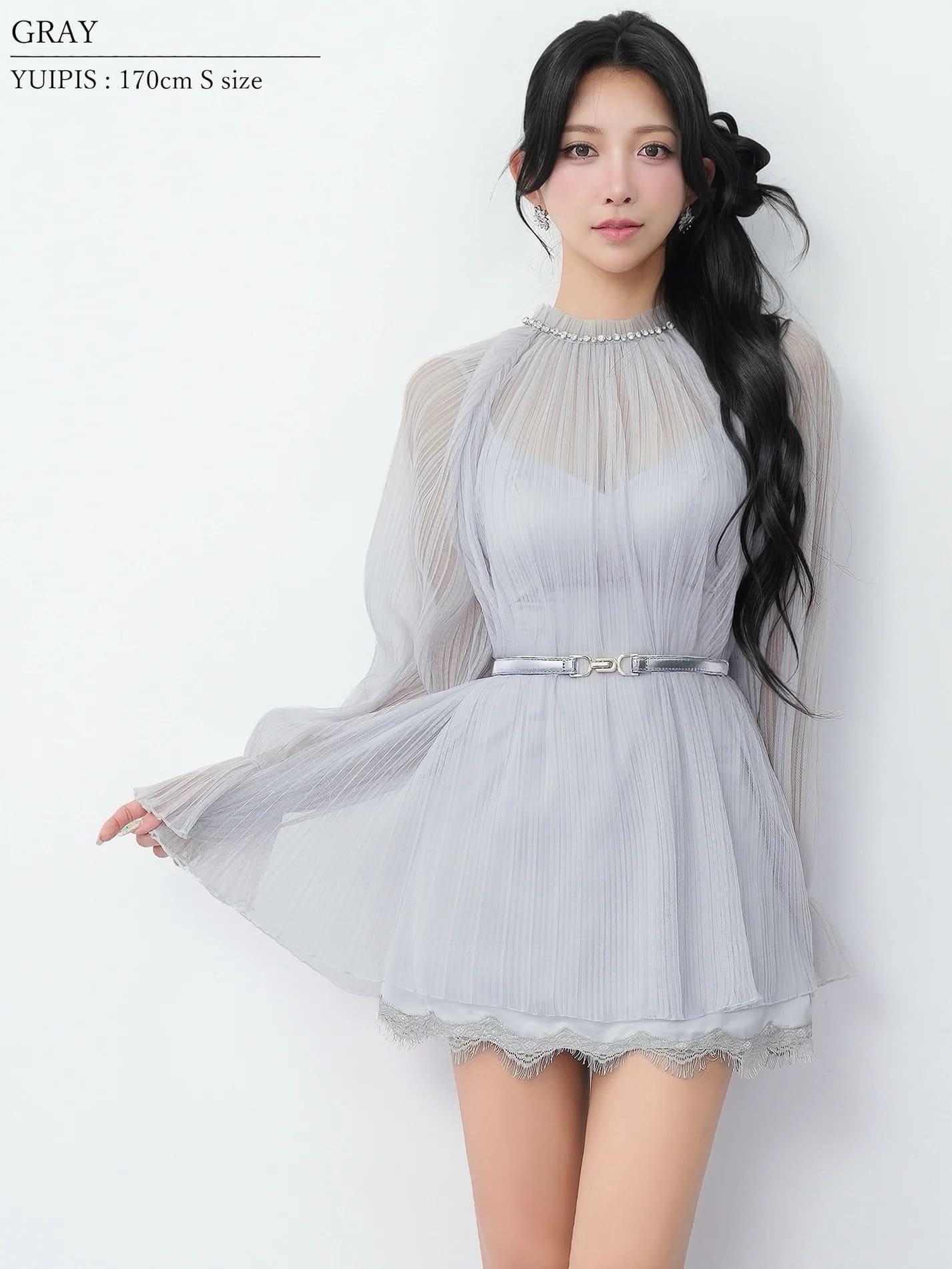 長袖 ネックビジュー プリーツチュール ベルト シフォン レース フレアミニドレスのイメージ画像2