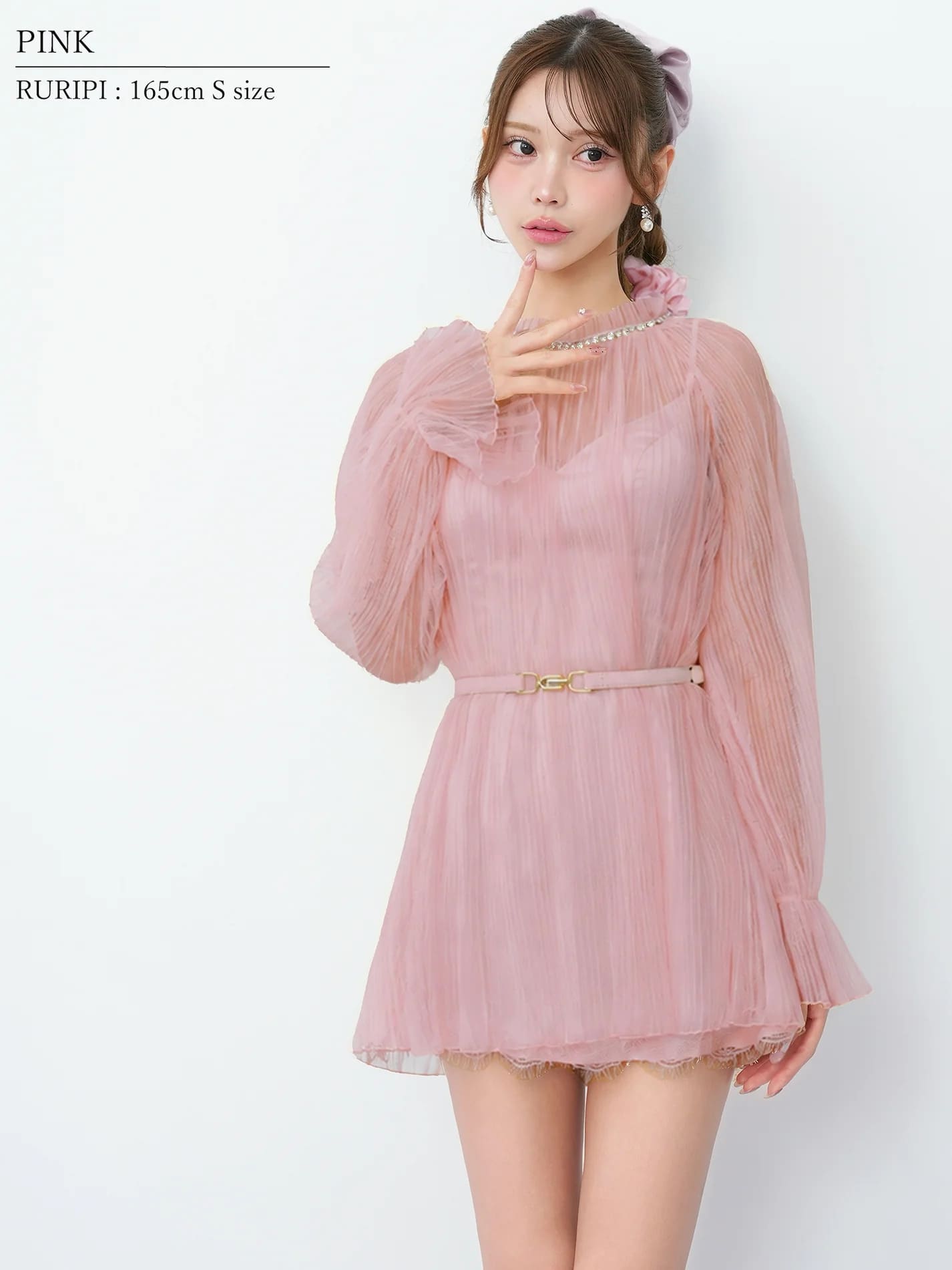 長袖 ネックビジュー プリーツチュール ベルト シフォン レース フレアミニドレスのイメージ画像3