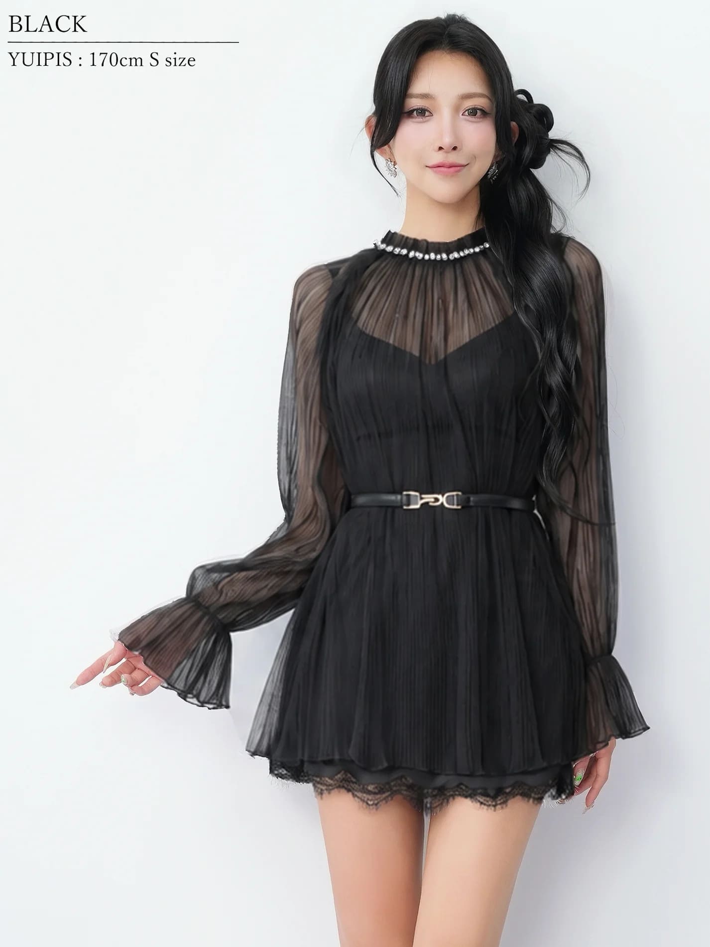 長袖 ネックビジュー プリーツチュール ベルト シフォン レース フレアミニドレスのイメージ画像4