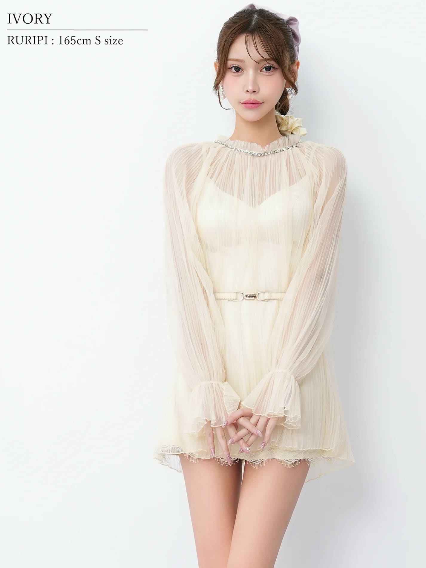長袖 ネックビジュー プリーツチュール ベルト シフォン レース フレアミニドレスのイメージ画像5