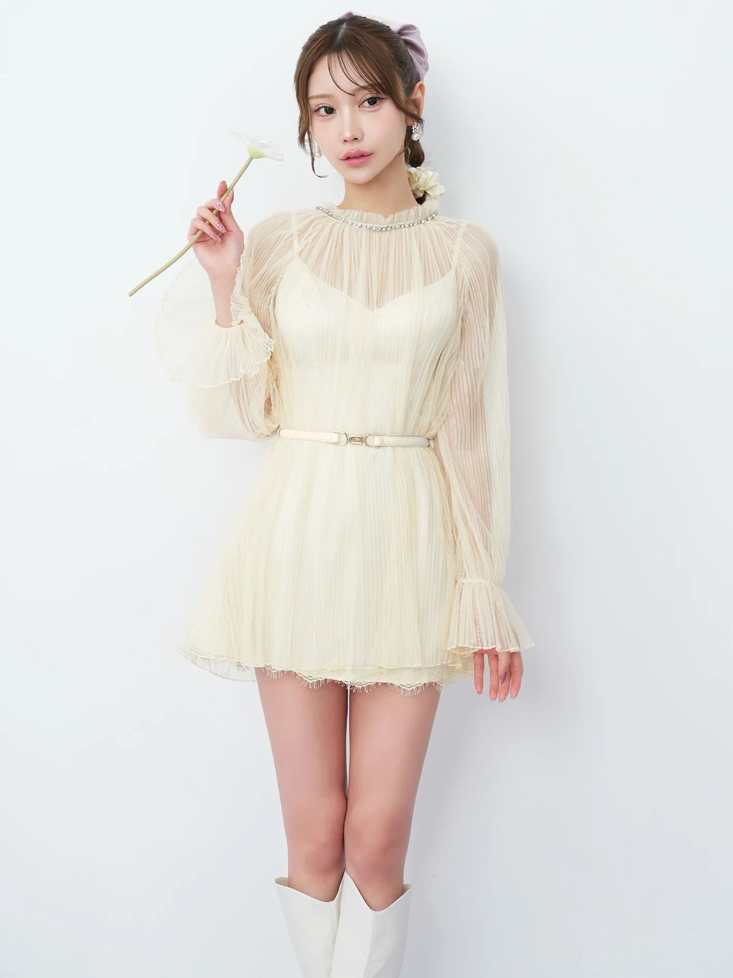 長袖 ネックビジュー プリーツチュール ベルト シフォン レース フレアミニドレスのイメージ画像6