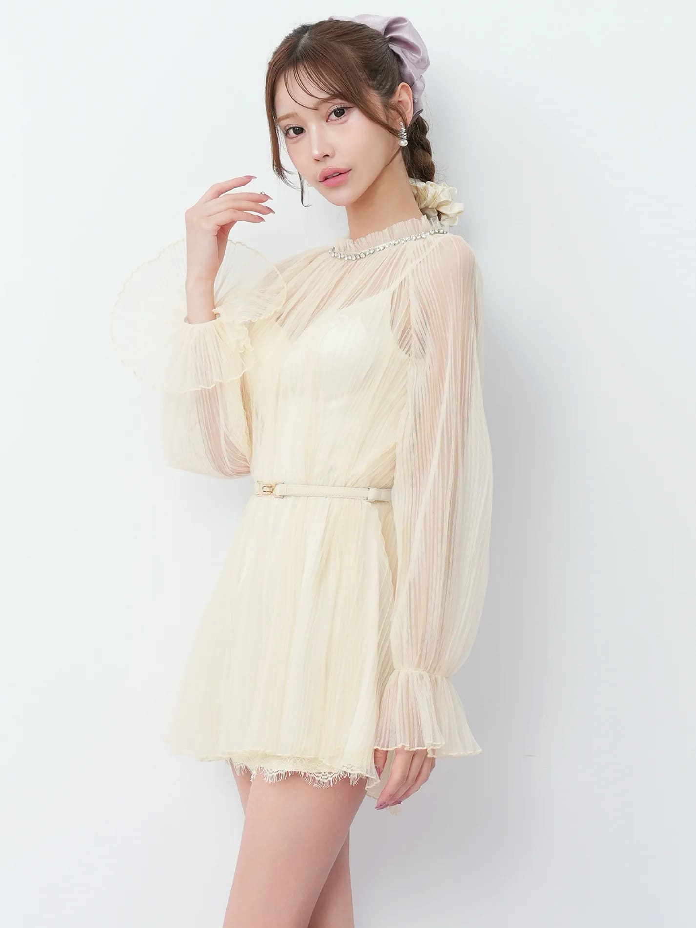 長袖 ネックビジュー プリーツチュール ベルト シフォン レース フレアミニドレスのイメージ画像7