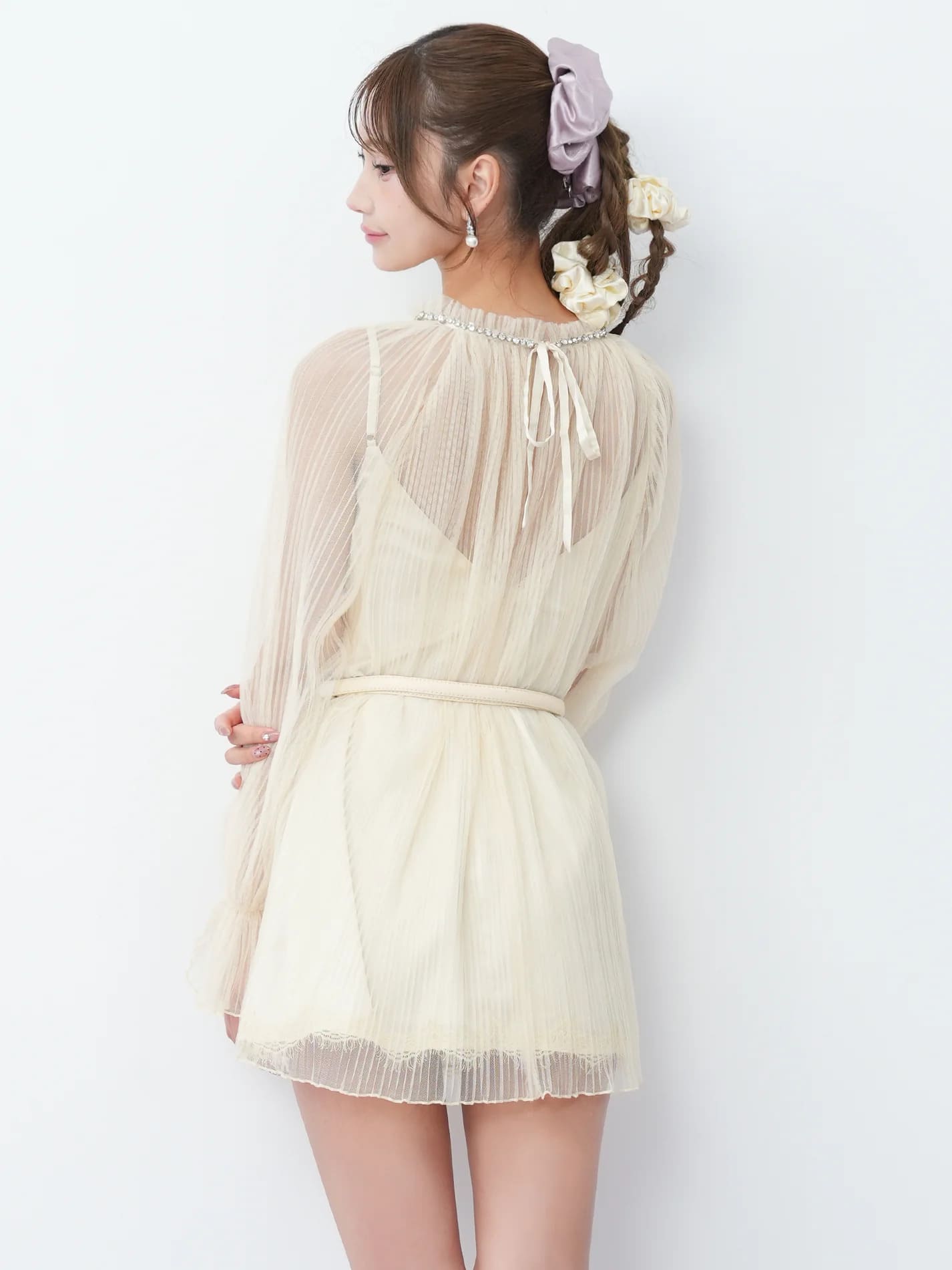 長袖 ネックビジュー プリーツチュール ベルト シフォン レース フレアミニドレスのイメージ画像8