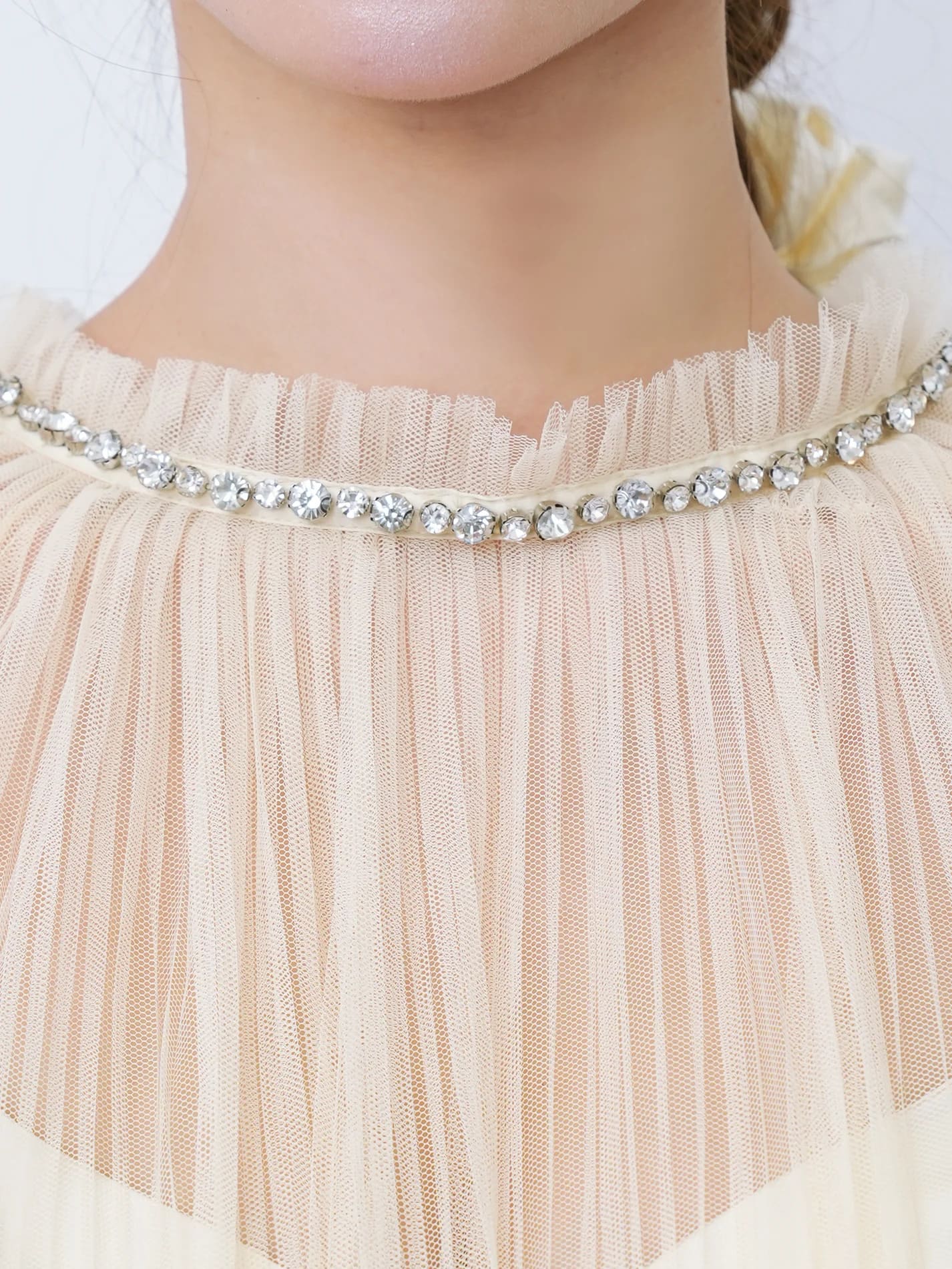 長袖 ネックビジュー プリーツチュール ベルト シフォン レース フレアミニドレスのイメージ画像9