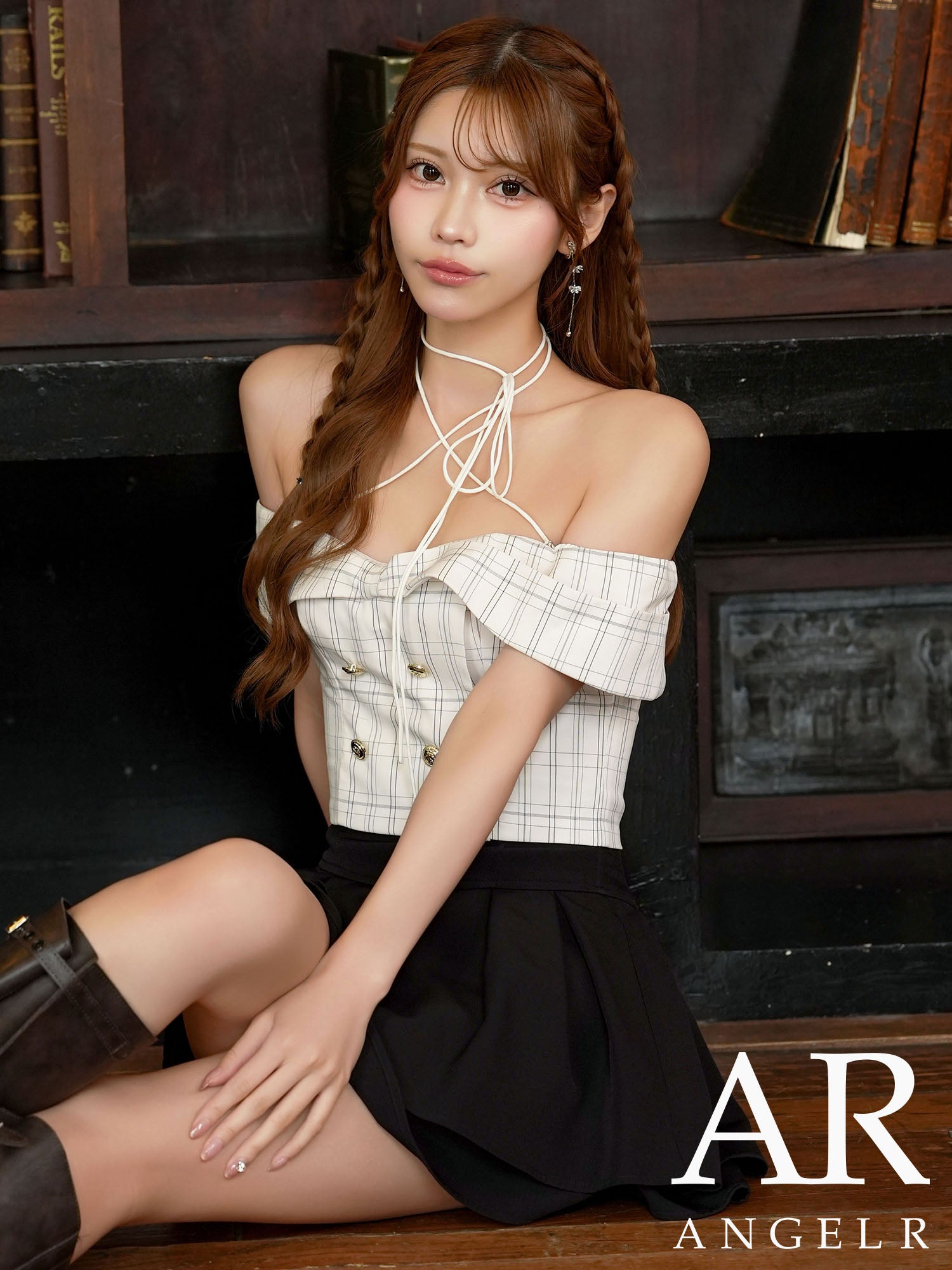 2way ホルターネック オフショルダー ボタン セットアップ チェック柄 バイカラー フレアミニドレスのメイン画像