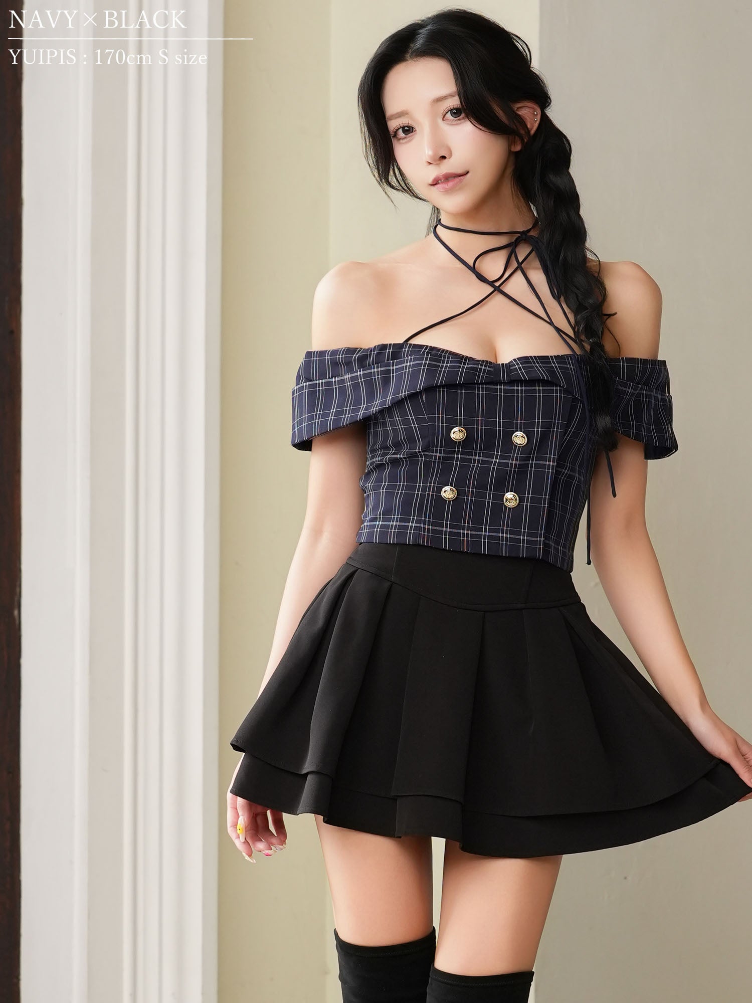 2way ホルターネック オフショルダー ボタン セットアップ チェック柄 バイカラー フレアミニドレスのイメージ画像5