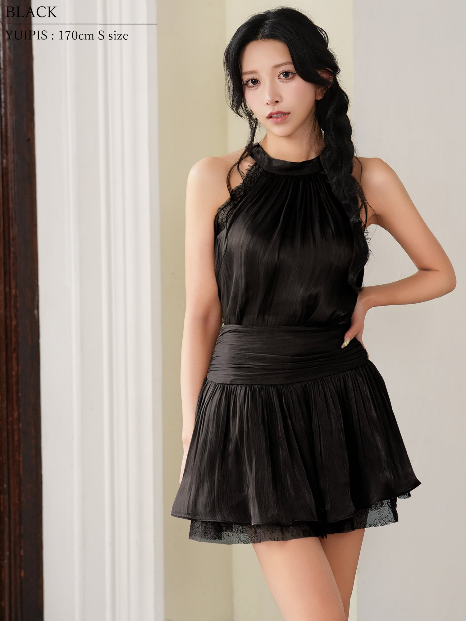 ホルターネック 2way セットアップ プリーツ レース フレアミニドレスのイメージ画像5