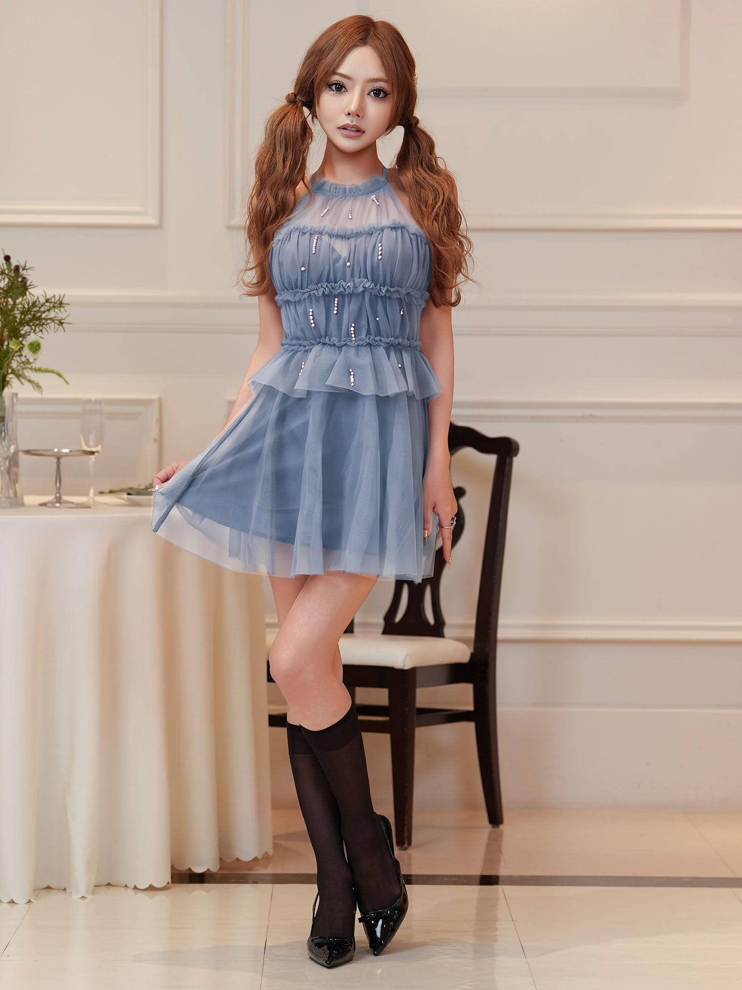 ホルターネック チュール シャーリング ビジューパール バックシャン ペプラム フレアミニドレスのイメージ画像6