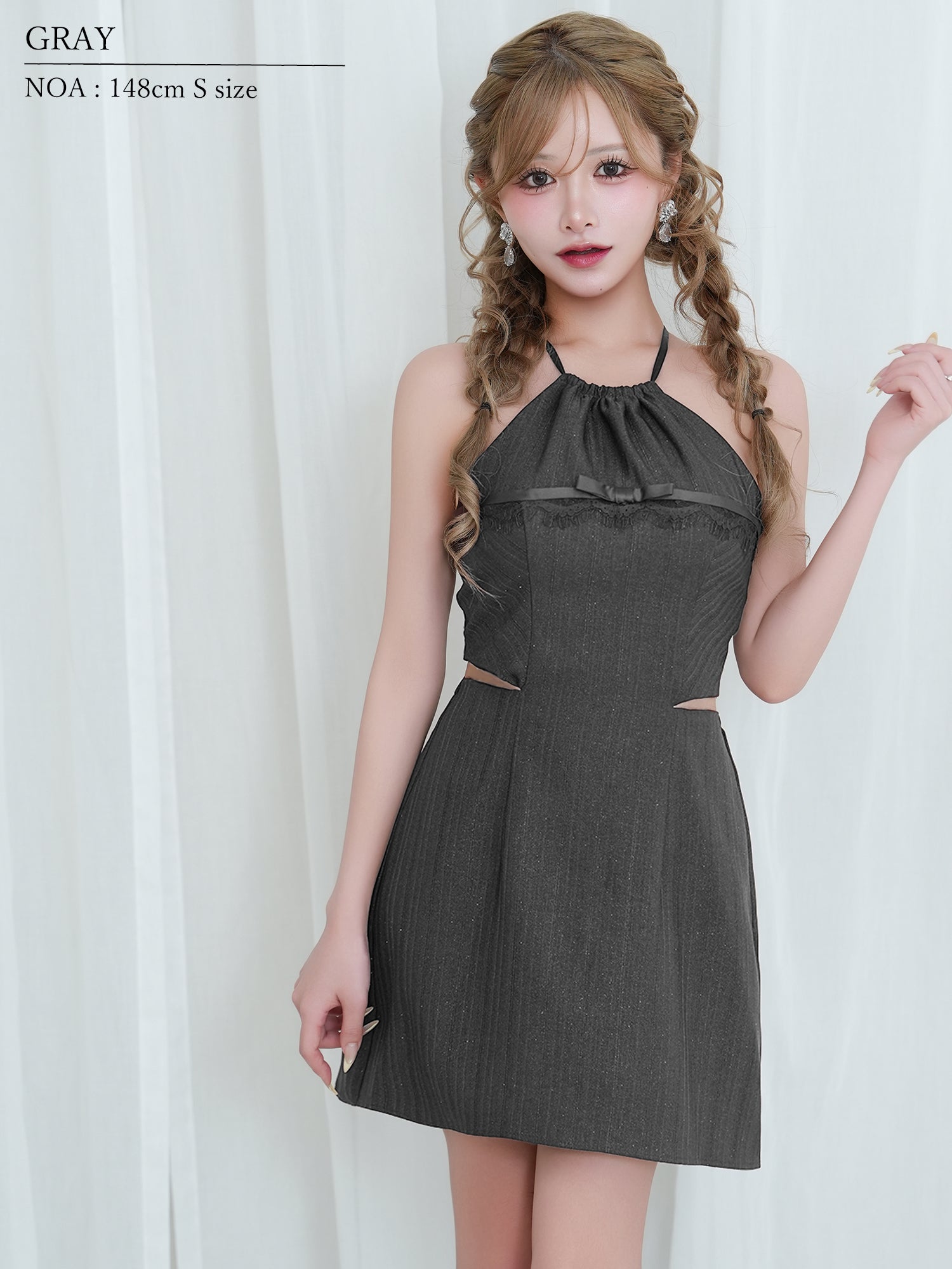 ホルターネック風 リボン レース ウエストカットアウト フレアミニドレスのイメージ画像5