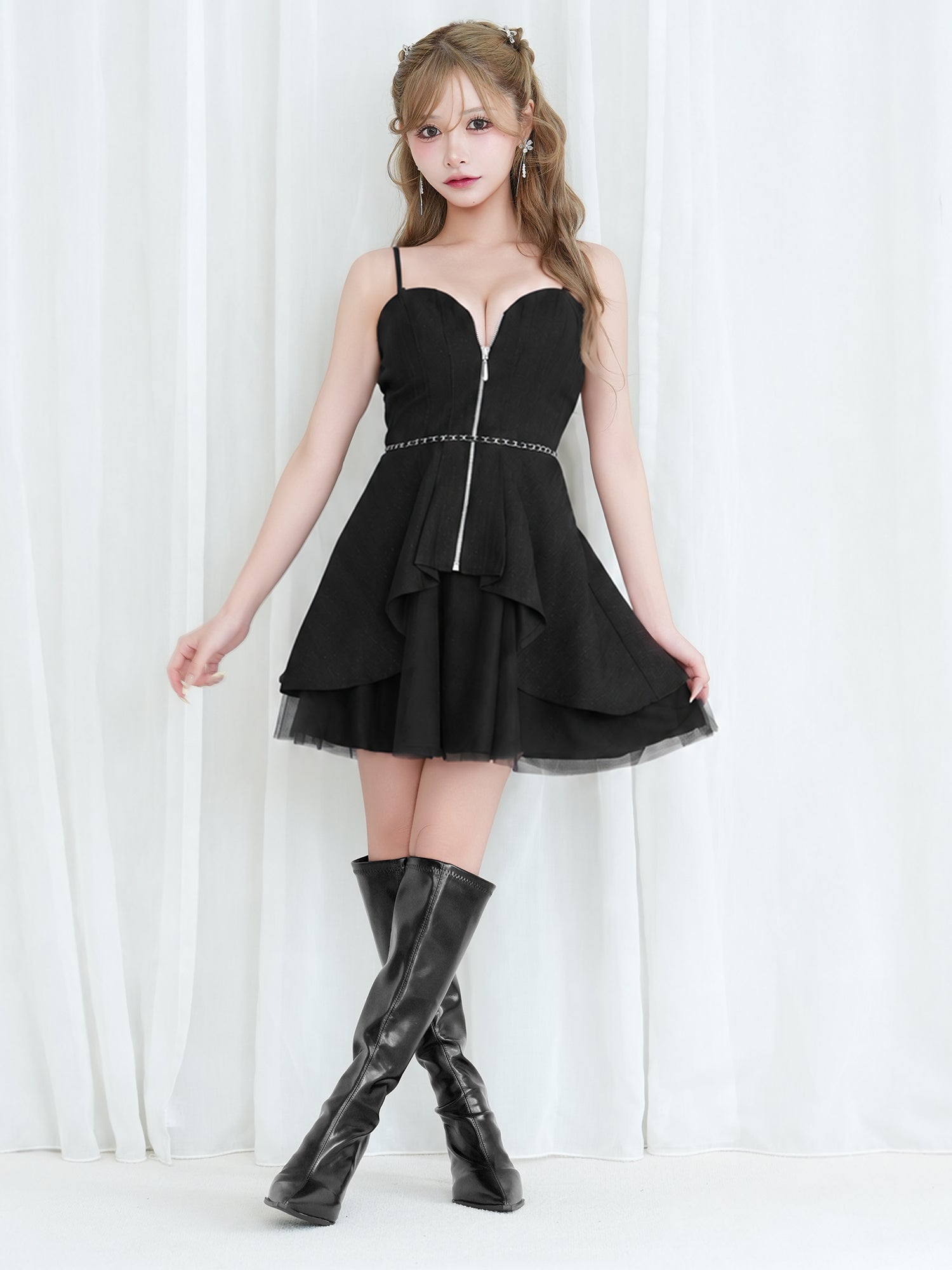 2way ベアトップ キャミソール ジップデザイン チェーンウエストマーク ペプラム チュール フレアミニドレスのイメージ画像6