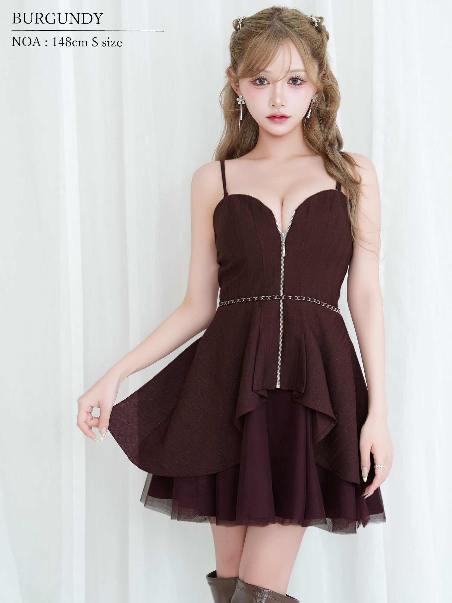 2way ベアトップ キャミソール ジップデザイン チェーンウエストマーク ペプラム チュール フレアミニドレスのイメージ画像7