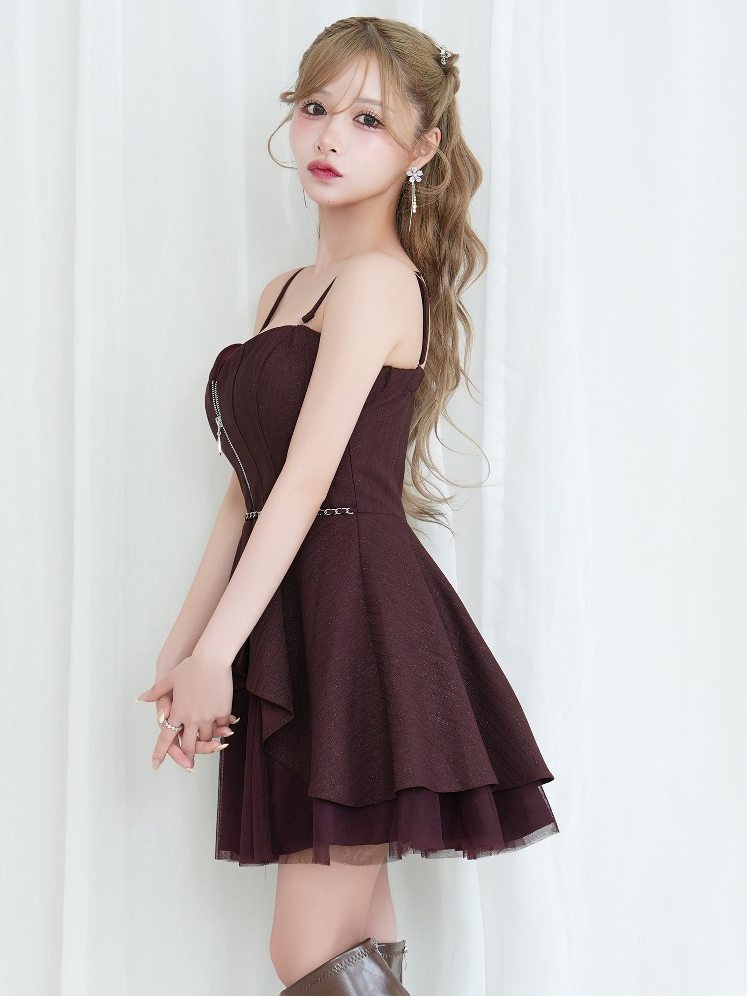 2way ベアトップ キャミソール ジップデザイン チェーンウエストマーク ペプラム チュール フレアミニドレスのイメージ画像9