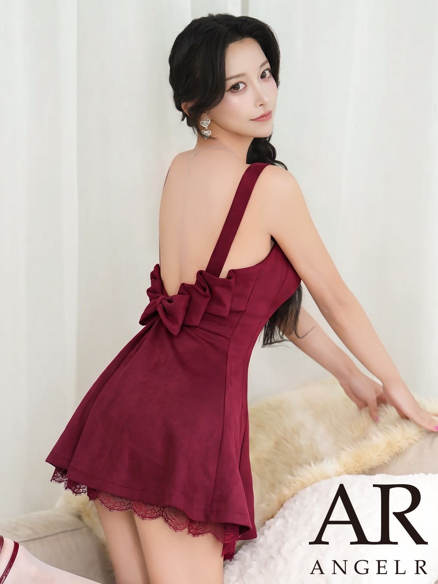 ハートカット キャミソール レース リボン バックシャン ワンカラー フレアミニドレスのメイン画像