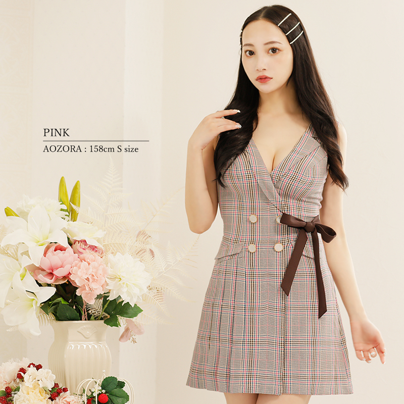 【PURESS/ピュアレス】ダブルカラーボタンリボン チェック フレアミニドレスのイメージ画像5