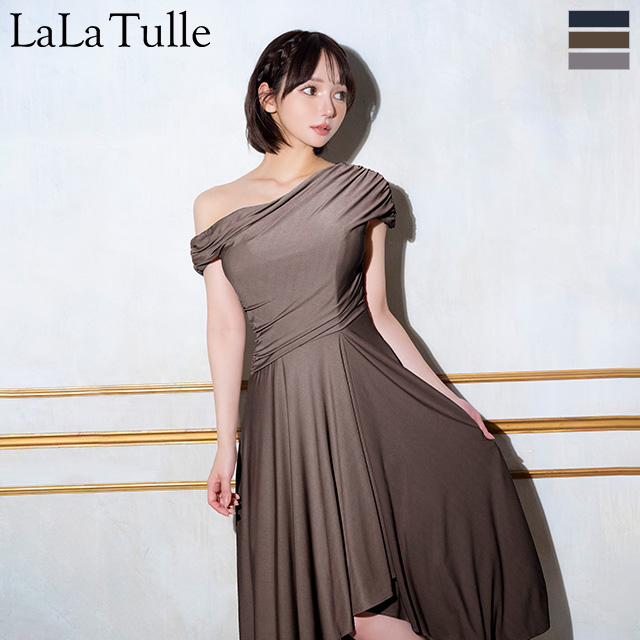 ワンショルダー エレガント アシンメトリー ドレープ Aラインロングドレスのメイン画像1