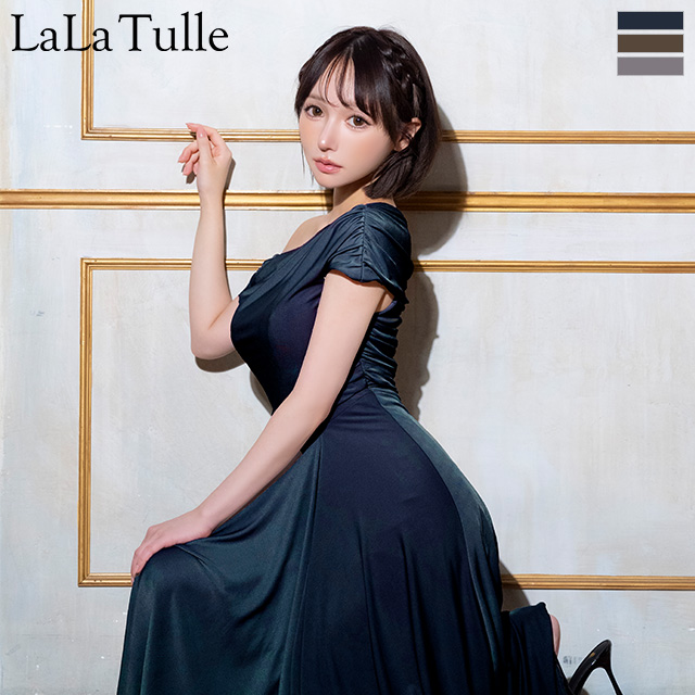 ワンショルダー エレガント アシンメトリー ドレープ Aラインロングドレスのメイン画像1