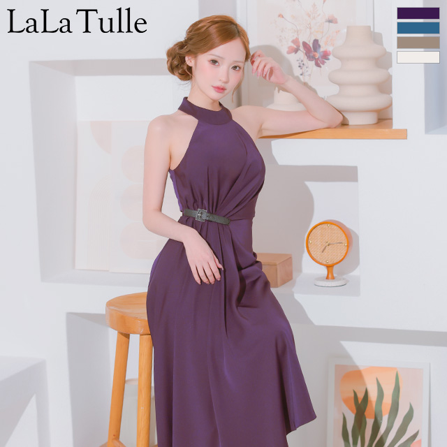 ホルターネック ウエストベルト タック アシンメトリー ワンカラー 膝丈ドレスのメイン画像