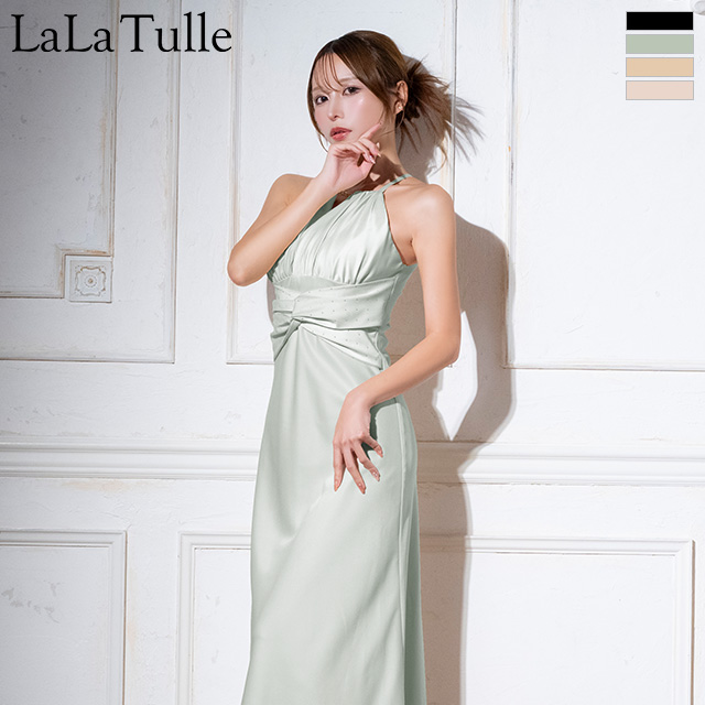 エレガント チェーンモチーフ ホルターネック ギャザー ウエストクロス ビジュー 膝丈ドレスのメイン画像