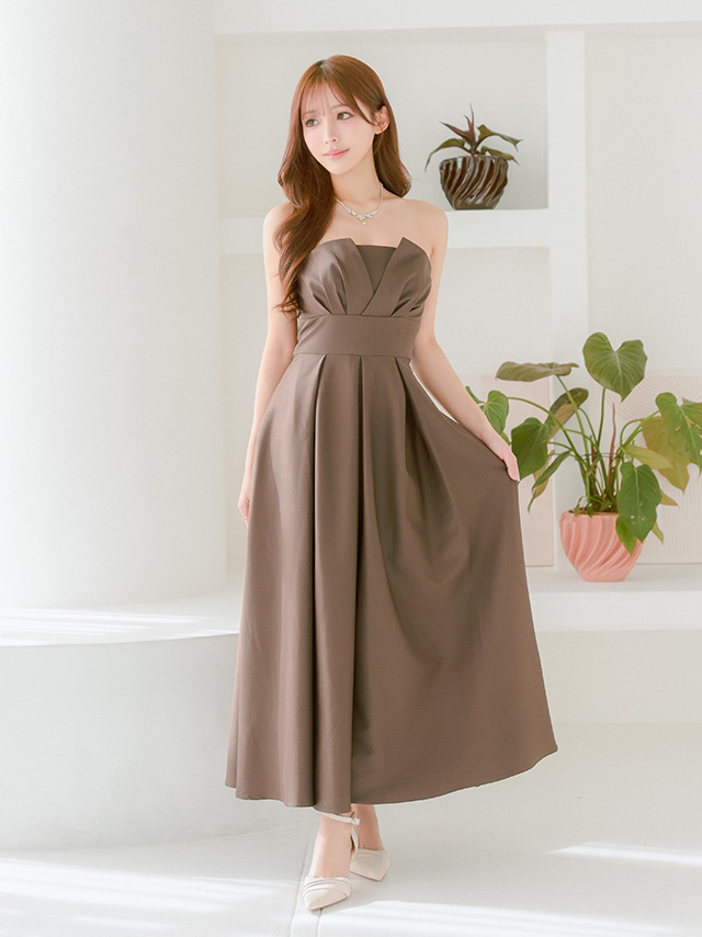 2way ベアトップ キャミソール バストタック ウエストマーク プリーツ エレガント ワンカラー Aラインロングドレスのイメージ画像1