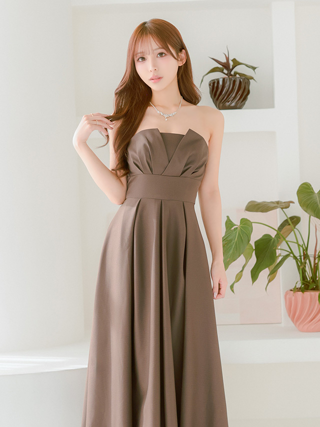 2way ベアトップ キャミソール バストタック ウエストマーク プリーツ エレガント ワンカラー Aラインロングドレスのイメージ画像2