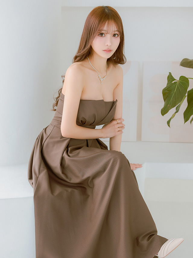 2way ベアトップ キャミソール バストタック ウエストマーク プリーツ エレガント ワンカラー Aラインロングドレスのイメージ画像3