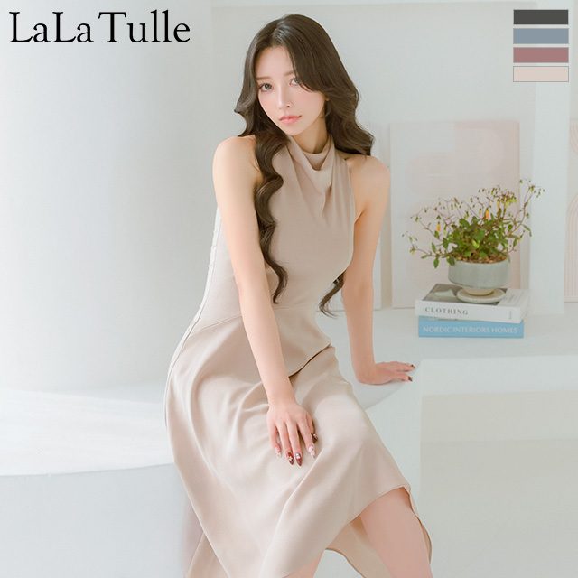 ノースリーブ ネックデザイン アシンメトリー ワンカラー 膝丈ドレスのメイン画像