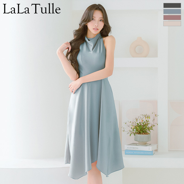 ノースリーブ ネックデザイン アシンメトリー ワンカラー 膝丈ドレスのメイン画像