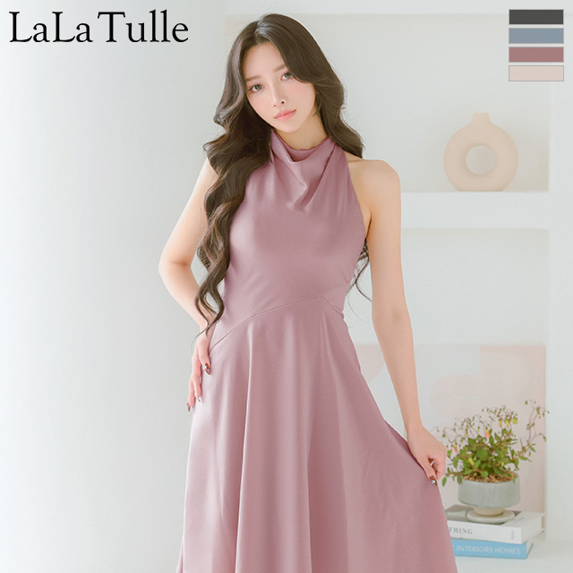 ノースリーブ ネックデザイン アシンメトリー ワンカラー 膝丈ドレスのメイン画像