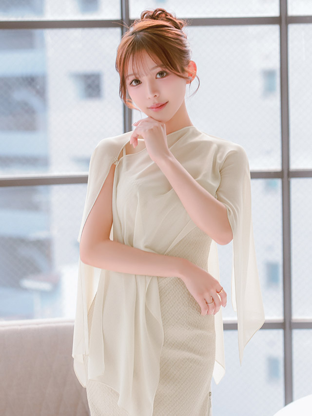 2way キャミソール シフォンケープ オープンショルダー ジップデザイン 膝丈ドレスのイメージ画像1