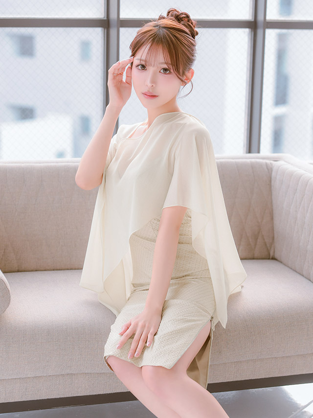 2way キャミソール シフォンケープ オープンショルダー ジップデザイン 膝丈ドレスのイメージ画像2