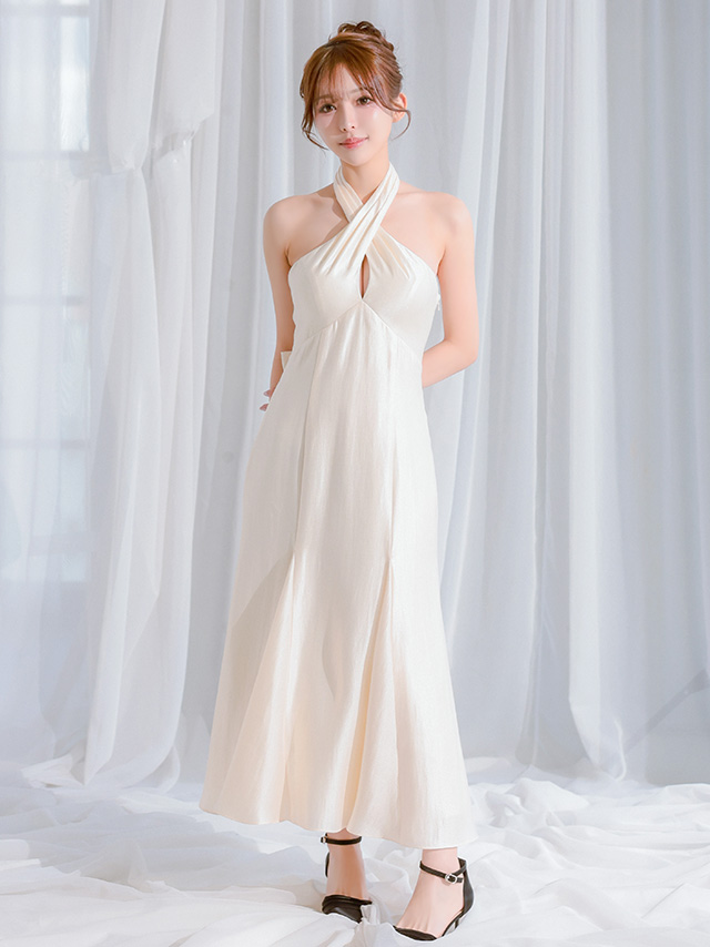 ホルターネック バックリボン クロスデザイン バックオープン ワンカラー マーメイドロングドレスのイメージ画像4