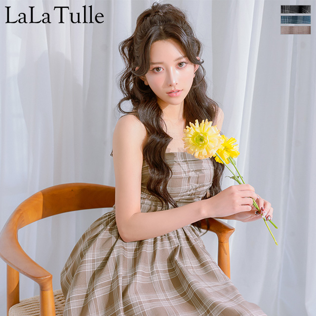 2way ベアトップ キャミソール ギャザー チェック柄 フレア 膝丈ドレスのメイン画像