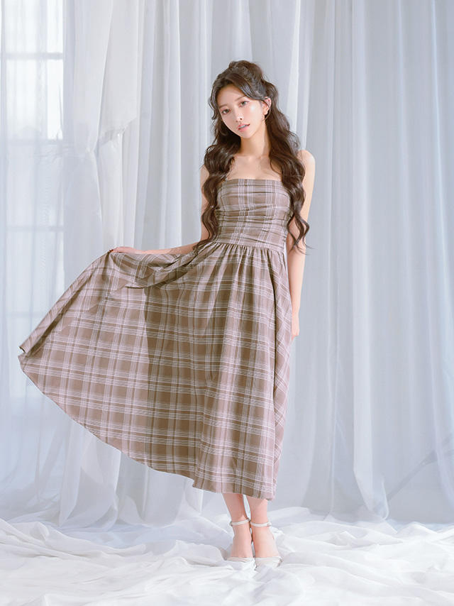 2way ベアトップ キャミソール ギャザー チェック柄 フレア 膝丈ドレスのイメージ画像1
