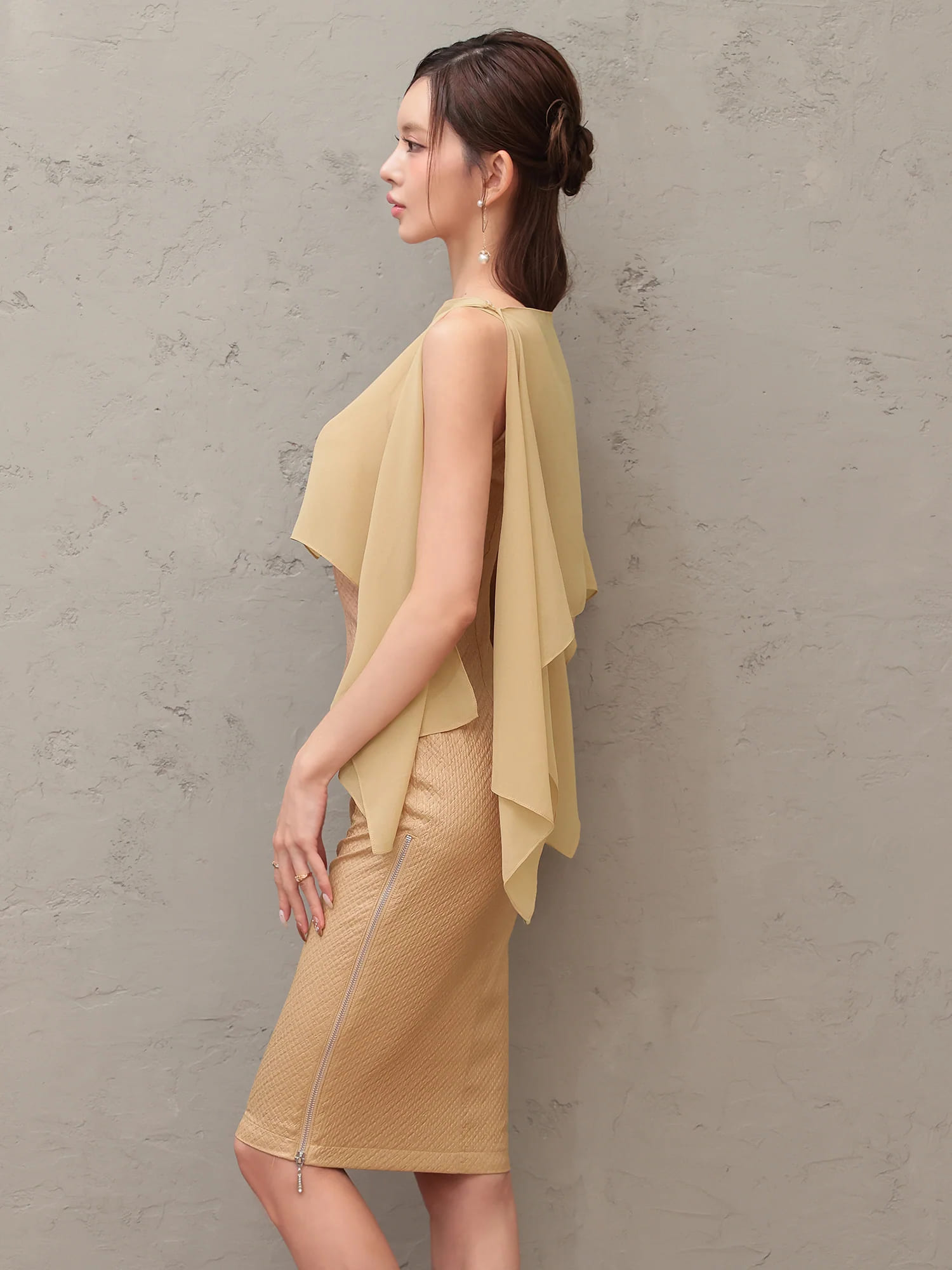 2way キャミソール シフォンケープ オープンショルダー ジップデザイン 膝丈ドレスのイメージ画像6