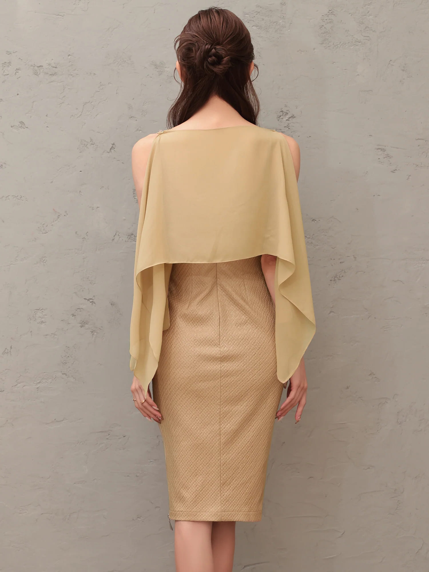 2way キャミソール シフォンケープ オープンショルダー ジップデザイン 膝丈ドレスのイメージ画像7