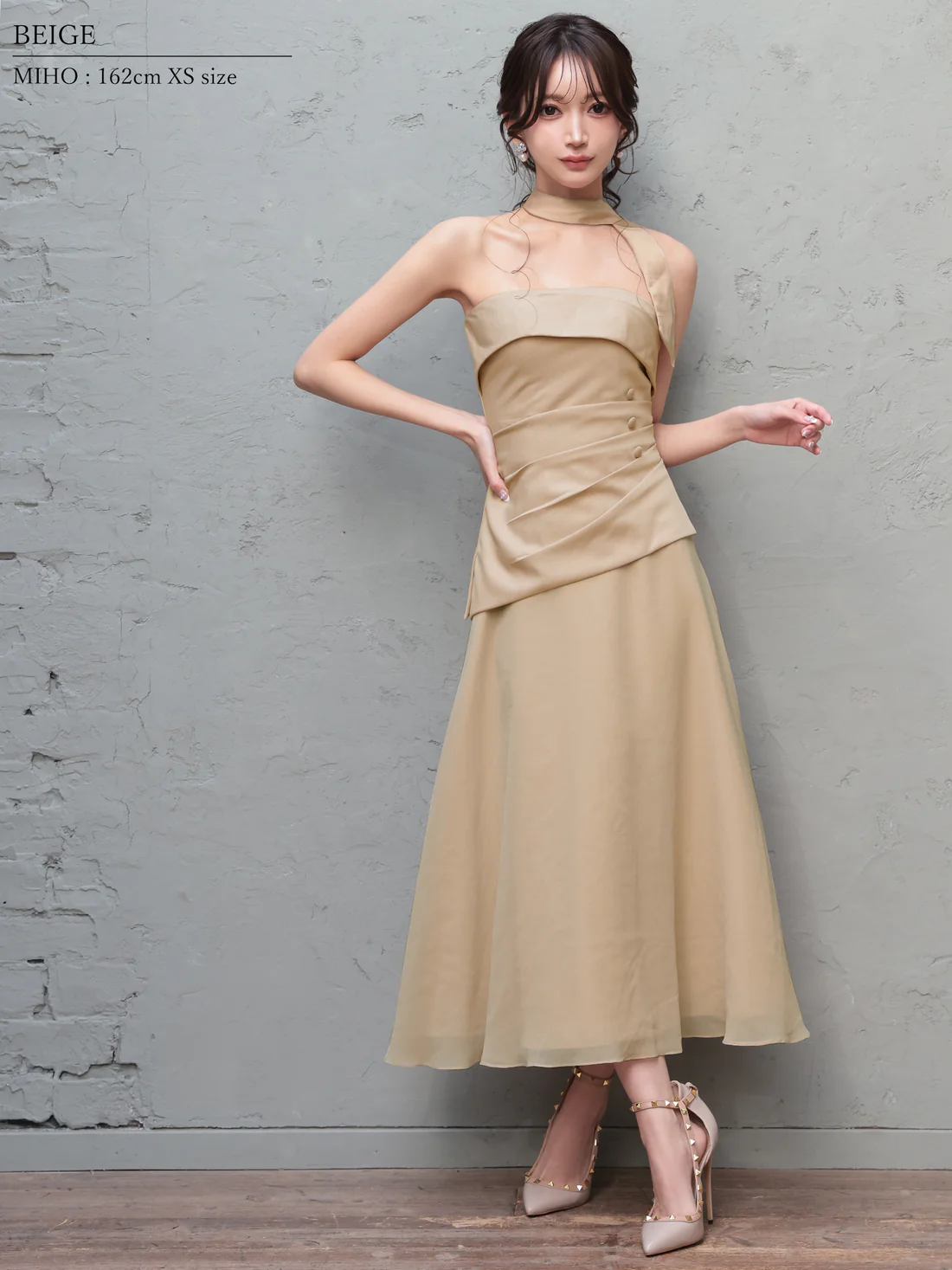 2way ベアトップ スカーフ ウエストタック ボタン シフォン シンプル Aラインロングドレスのイメージ画像2