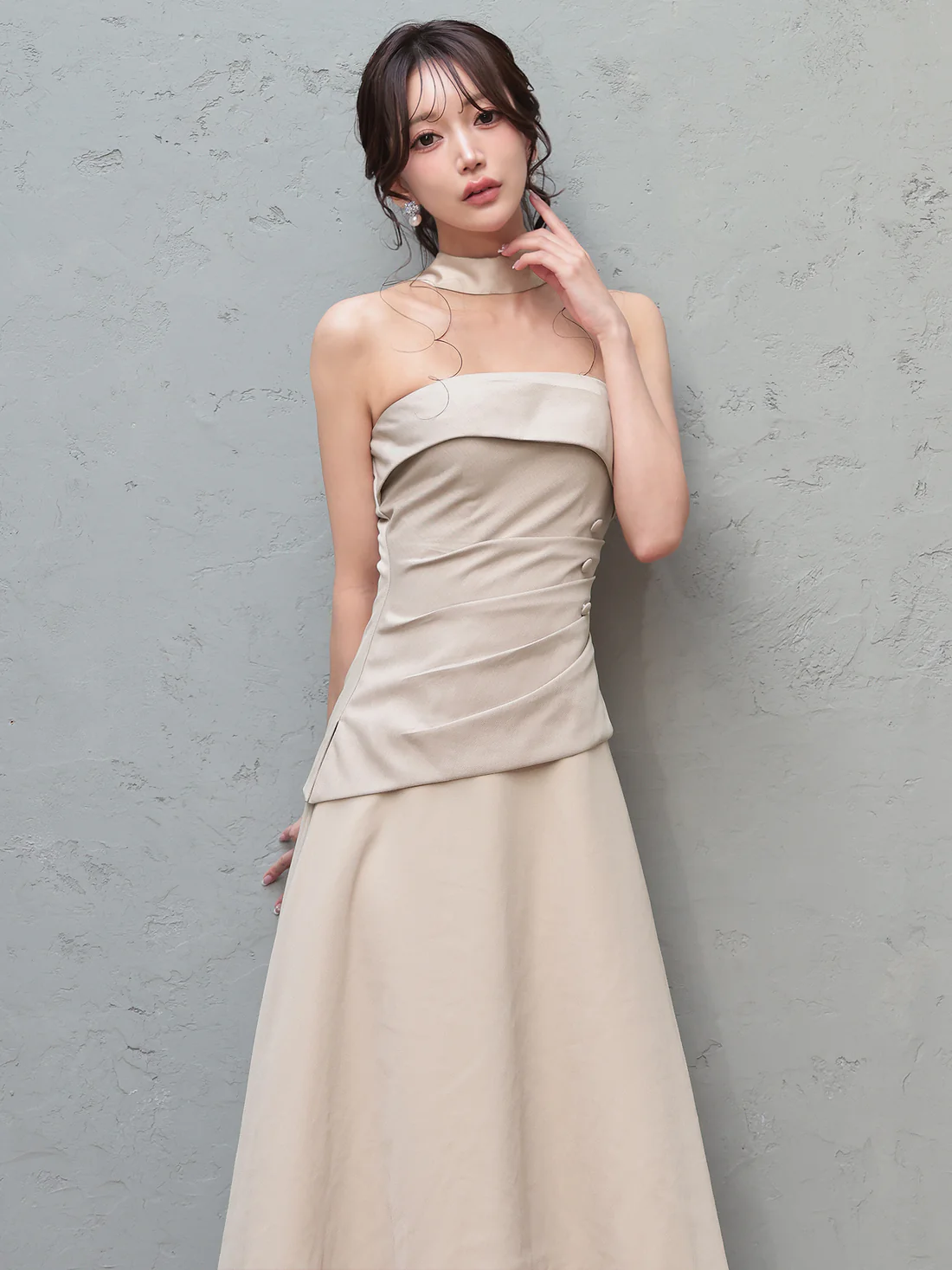2way ベアトップ スカーフ ウエストタック ボタン シフォン シンプル Aラインロングドレスのイメージ画像4