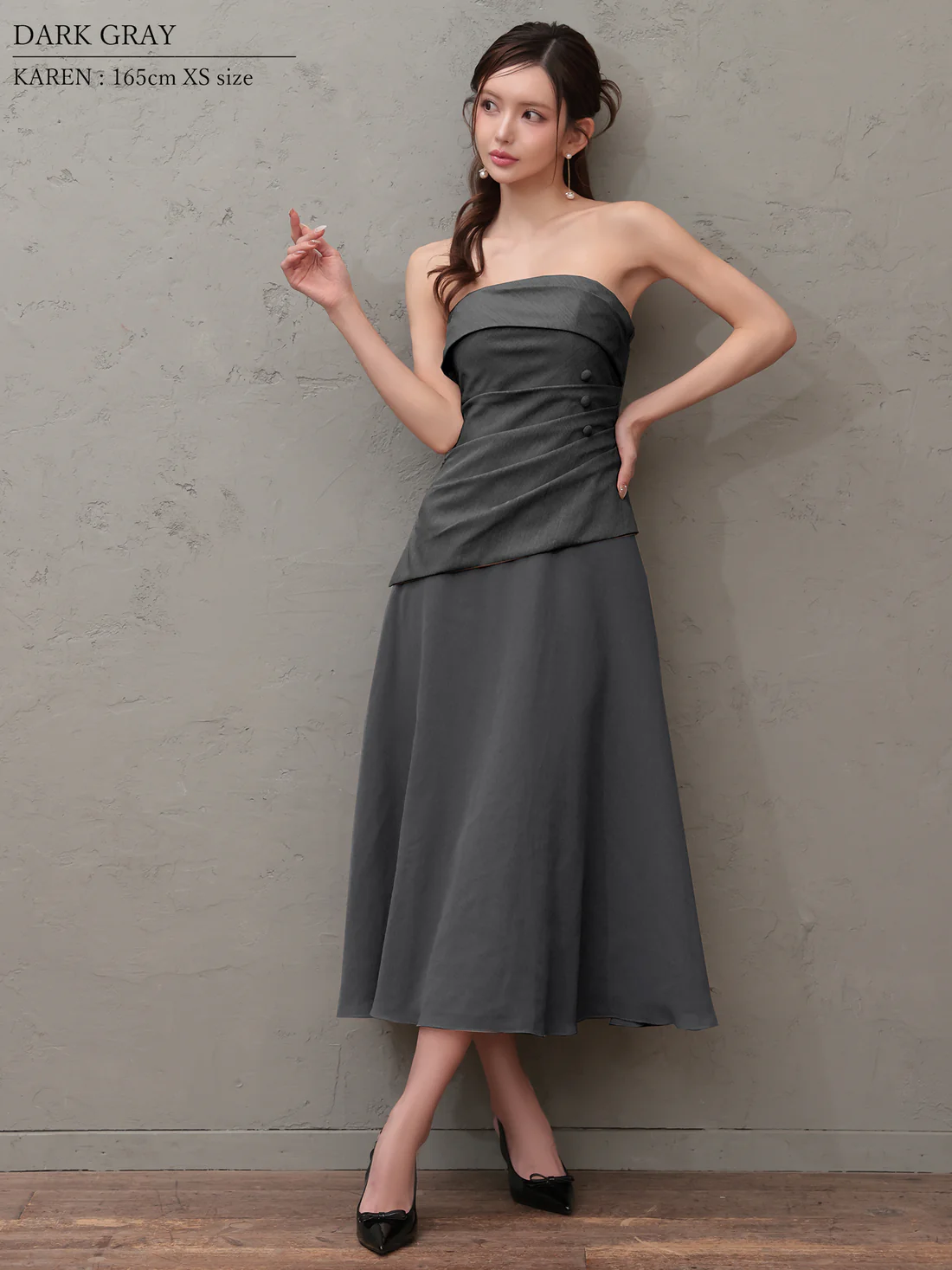 2way ベアトップ スカーフ ウエストタック ボタン シフォン シンプル Aラインロングドレスのイメージ画像5