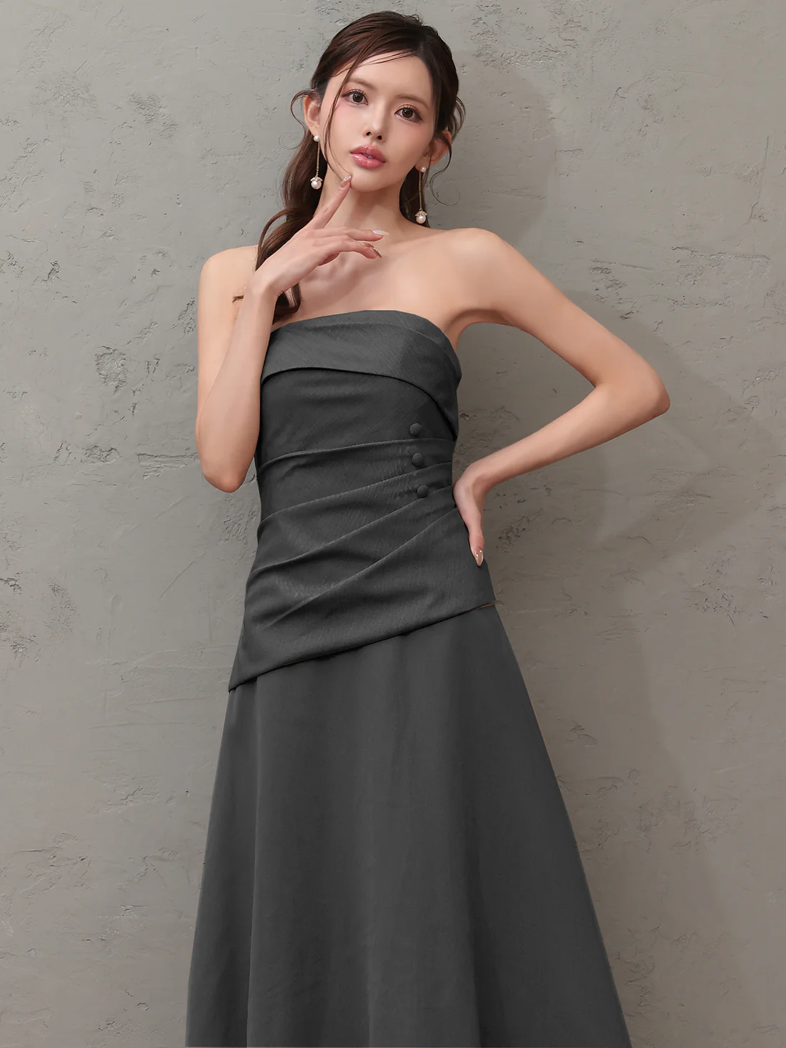 2way ベアトップ スカーフ ウエストタック ボタン シフォン シンプル Aラインロングドレスのイメージ画像6