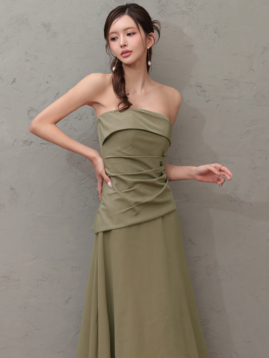 2way ベアトップ スカーフ ウエストタック ボタン シフォン シンプル Aラインロングドレスのイメージ画像8