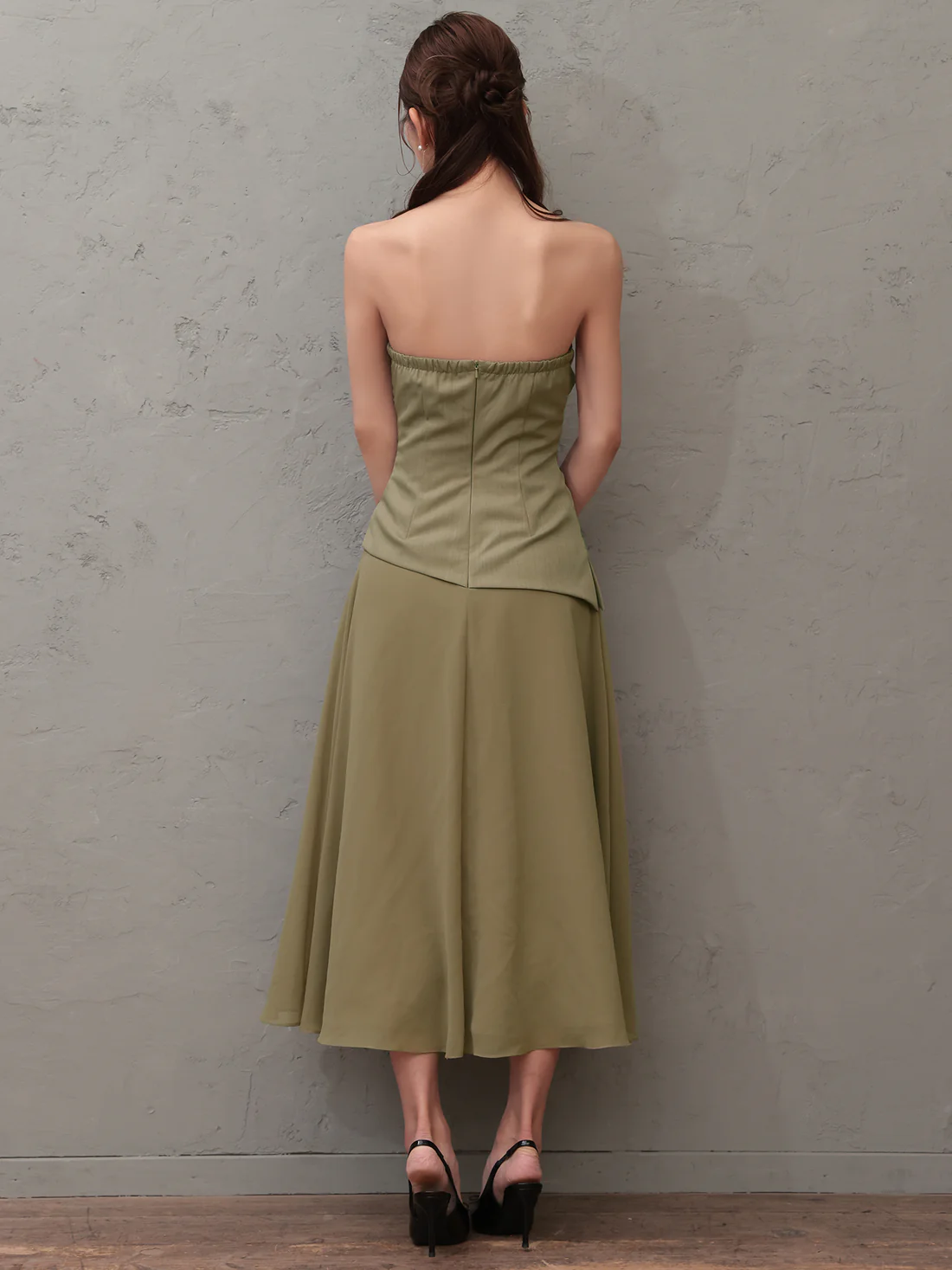 2way ベアトップ スカーフ ウエストタック ボタン シフォン シンプル Aラインロングドレスのイメージ画像10