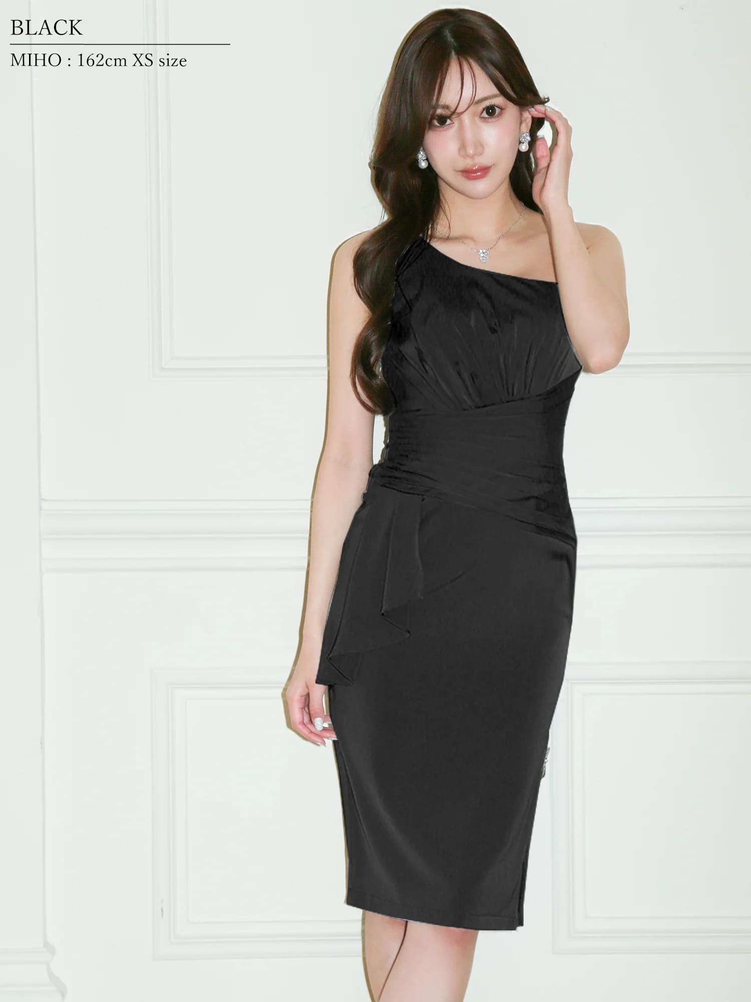 アシンメトリーショルダー ウエストマーク フリル タック ジップデザイン タイト 膝丈ドレスのイメージ画像5